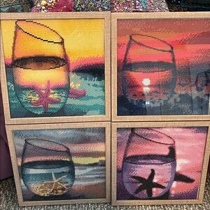 Set of 4 Framed Beach Sunset Diamond Art Panels Handmade by Me